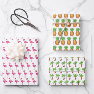 Tropical Island Pink Flamingo Palm Tree Pineapple Wrapping Paper Sheets