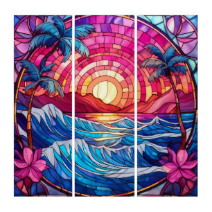 Tropical island pink sunset Stained glass art