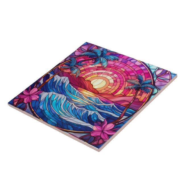 Tropical island pink sunset Stained glass art Ceramic Tile (Side)
