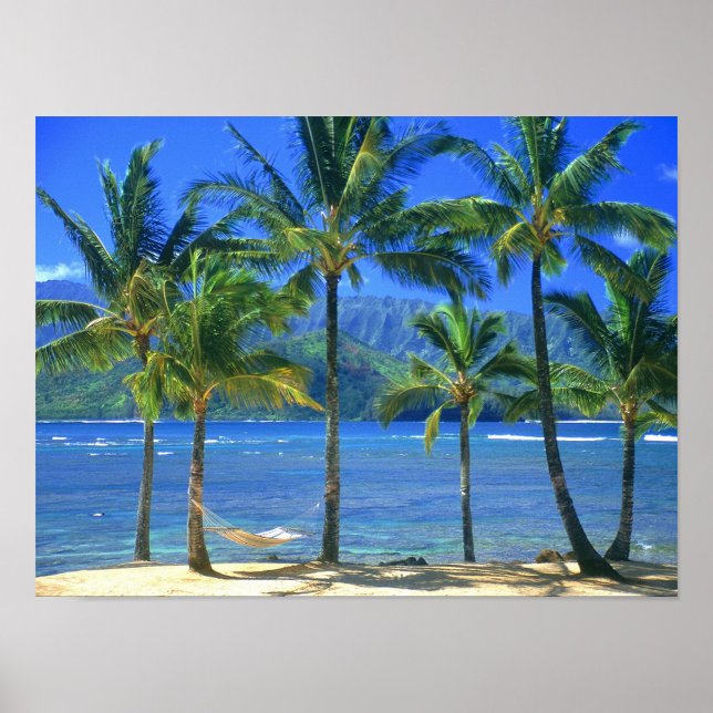 Tropical Island Poster (A vibrant, full shot captures a tropical beach scene under a clear blue sky.)