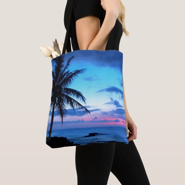 Tropical Island Pretty Pink Blue Sunset Landscape Tote Bag (Close Up)