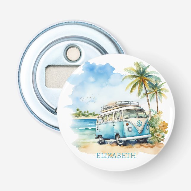 Tropical Island Retro Blue Bus  Bottle Opener (Front)