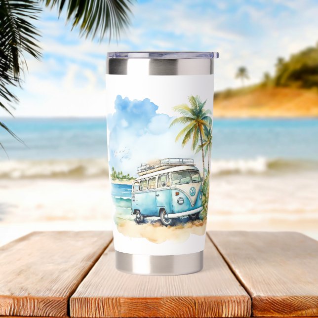 Tropical Island Retro Blue Bus  Insulated Tumbler (Beach)