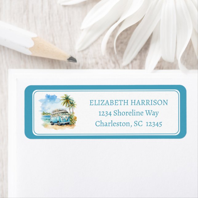 Tropical Island Retro Blue Bus  Label (Insitu)