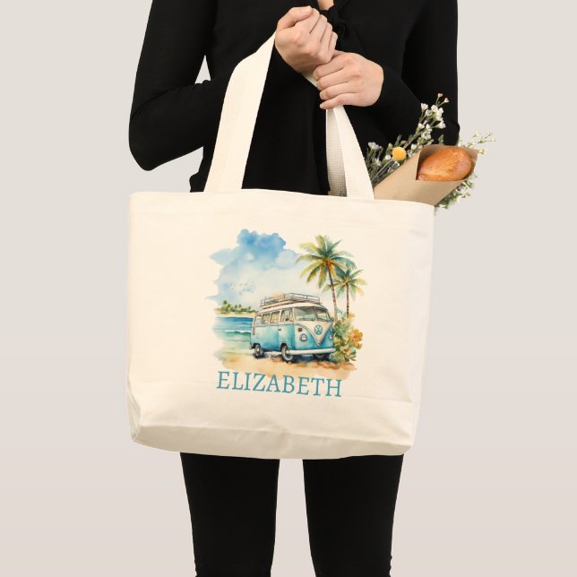 Tropical Island Retro Blue Bus  Large Tote Bag (Front (Product))