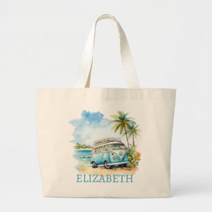 Tropical Island Retro Blue Bus  Large Tote Bag