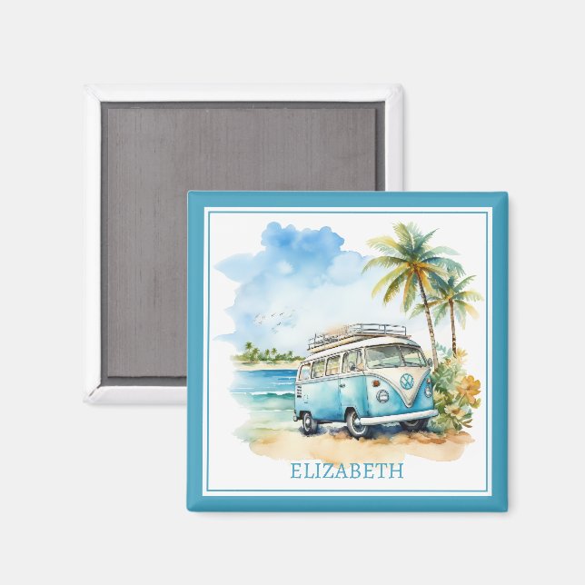 Tropical Island Retro Blue Bus  Magnet (Front/Back)