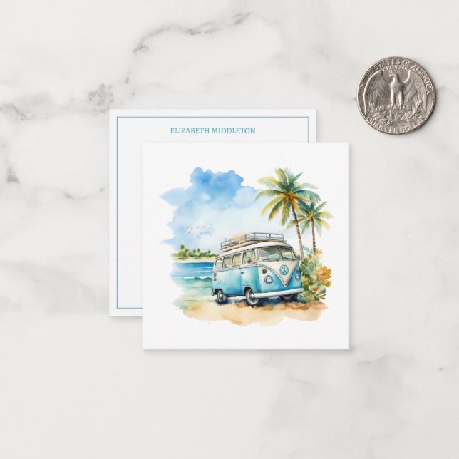 Tropical Island Retro Blue Bus  Note Card (Front/Back In Situ)