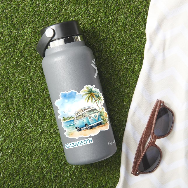Tropical Island Retro Blue Bus Personalized Sticker (HydroFlask Insitu)