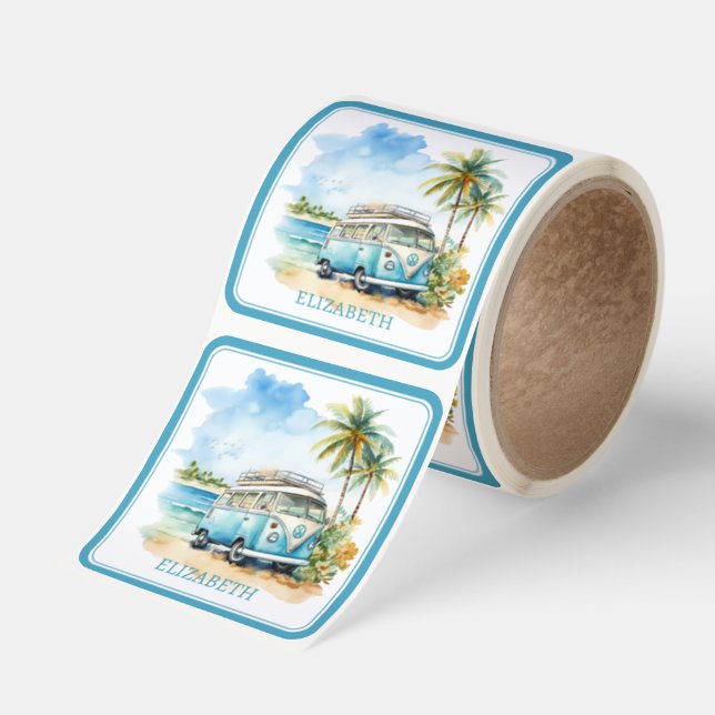 Tropical Island Retro Blue Bus  Square Sticker (Roll)