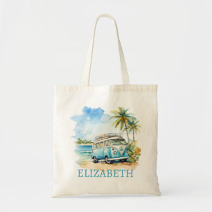 Tropical Island Retro Blue Bus Tote Bag