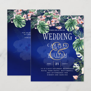 Tropical Island Royal Blue Flowers Leaves Wedding