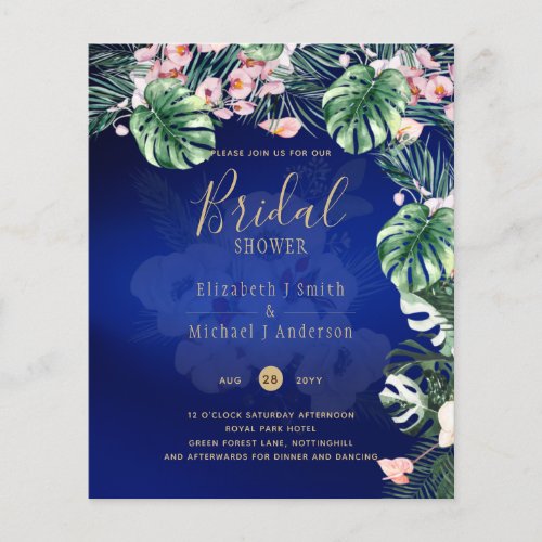 Tropical Island Royal Blue Flowers Leaves Wedding Flyer