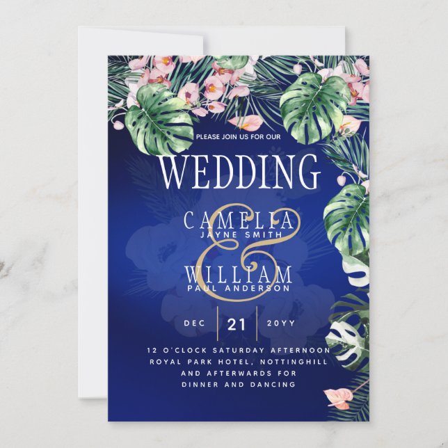 Tropical Island Royal Blue Flowers Leaves Wedding Invitation (Front)