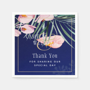 Tropical Island Royal Blue Flowers Leaves Wedding Napkins