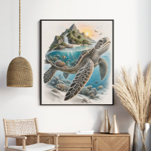 Tropical Island Sea Turtle Coral Reef Poster