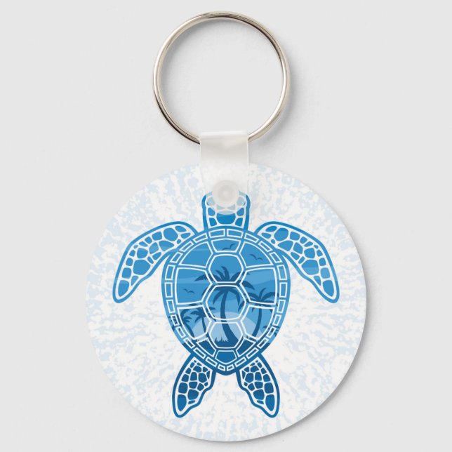 Tropical Island Sea Turtle Design in Blue Keychain (Front)
