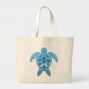 Tropical Island Sea Turtle Design in Blue Large Tote Bag