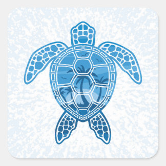Tropical Island Sea Turtle Design in Blue Square Sticker