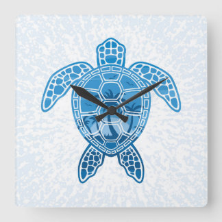 Tropical Island Sea Turtle Design in Blue Square Wall Clock