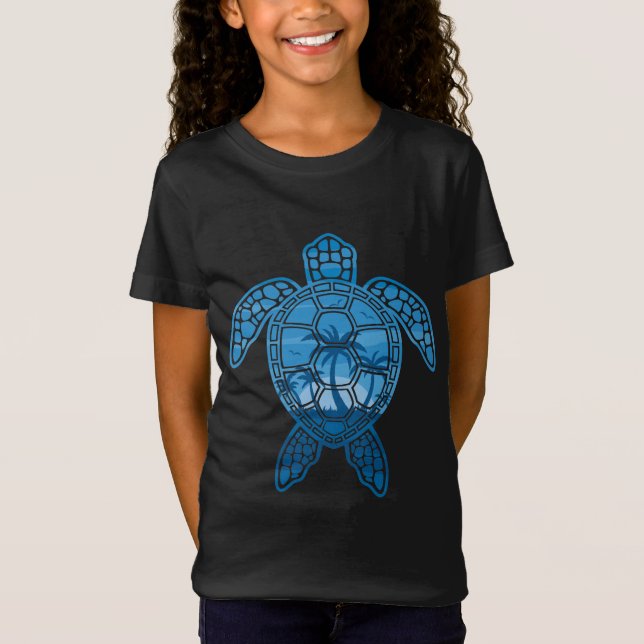 Tropical Island Sea Turtle Design in Blue T-Shirt (Front)