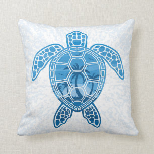 Tropical Island Sea Turtle Design in Blue Throw Pillow
