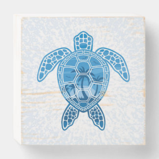 Tropical Island Sea Turtle Design in Blue Wooden Box Sign