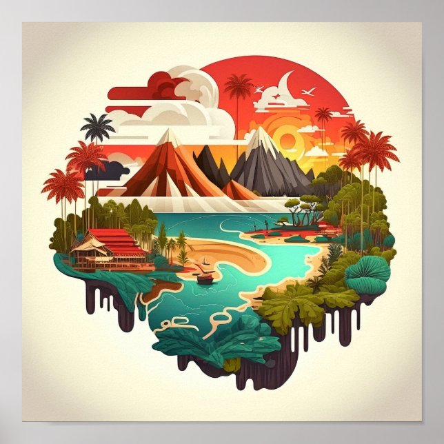 Tropical island sea with volcanoes poster (Front)