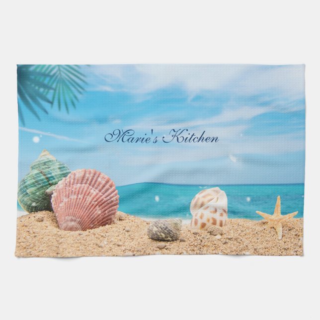 Tropical Island Seashells Turquoise Water  Beach T Kitchen Towel (Horizontal)