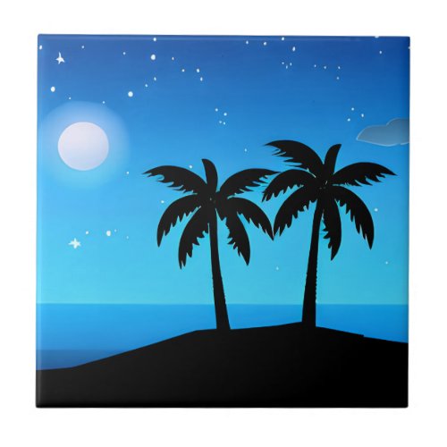 Tropical Island Silhouette with Moon and Stars Ceramic Tile