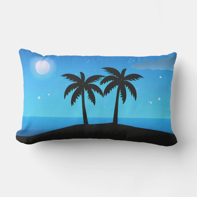 Tropical Island Silhouette with Moon and Stars Lumbar Pillow (Front)