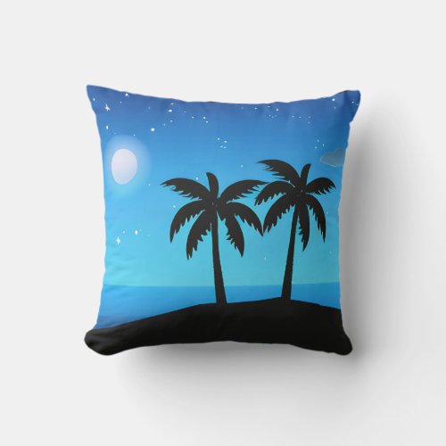 Tropical Island Silhouette with Moon and Stars Outdoor Pillow