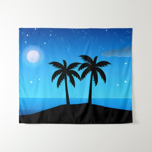 Tropical Island Silhouette with Moon and Stars  Tapestry