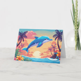 Tropical Island Sunset and Dolphin Card
