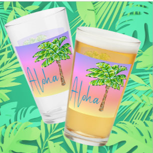 Tropical Island Sunset Green Palm Tree Aloha Glass