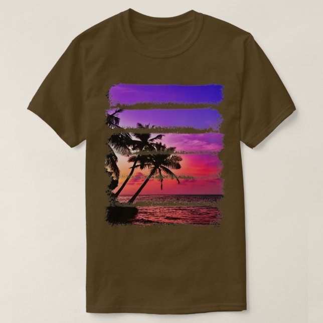 Tropical Island Sunset Palm Trees Ocean Beach Wave T-Shirt (Design Front)