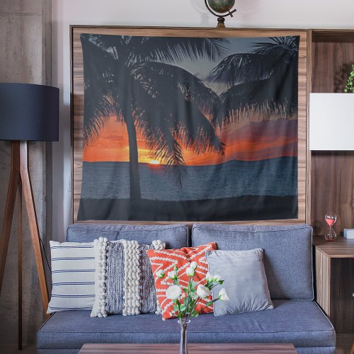  Tropical Island Sunset Palm Trees Ocean  Tapestry