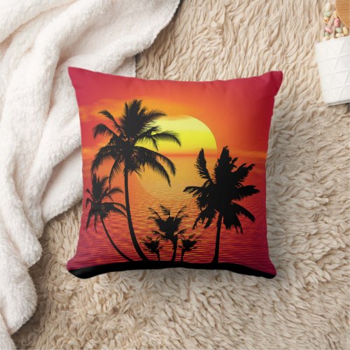 Tropical Island Sunset Palm Trees Throw Pillow