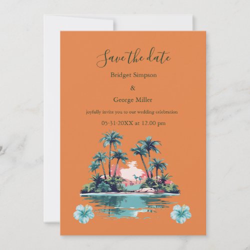 Tropical Island Sunset with Palms and Hibiscus  Invitation
