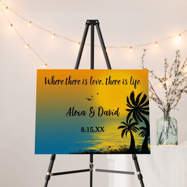 Tropical Island Sunset With Wedding Quote Foam Board (In Situ (Stand))
