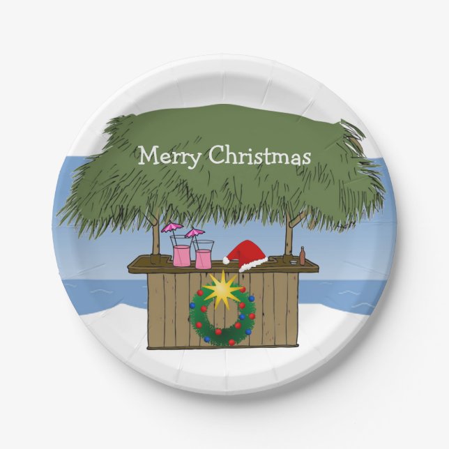 Tropical Island Tiki Hut Bar Merry Christmas Paper Plates (Front)
