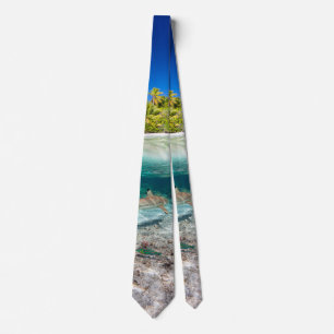 Tropical island under and above water neck tie
