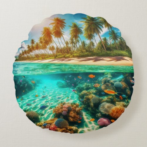 Tropical Island Underwater Beach Ocean Fish Round Pillow