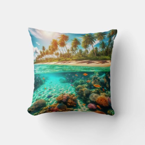 Tropical Island Underwater Beach Ocean Fish Throw Pillow