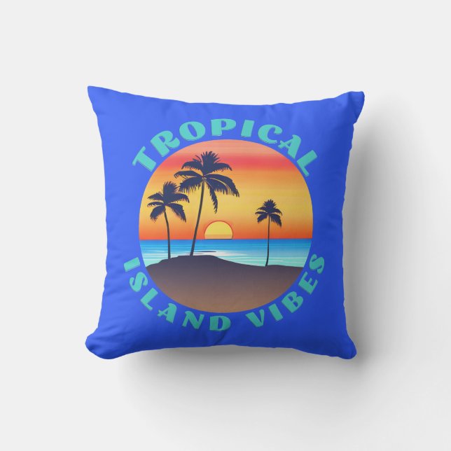 Tropical Island Vibes, Sunset with Palm Trees Outdoor Pillow (Front)