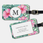 Tropical Island Watercolor  Luggage Tag<br><div class="desc">This tropical luggage tag features watercolor pink flowers and green palm leaves. art by Victoria Grigaliunas of DoTellABelle. Personalize the template fields with your name,  telephone number and address.</div>