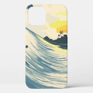 Tropical island wave and surfer at sunset iPhone 12 case
