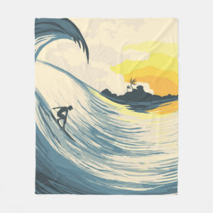 Tropical island wave and surfer at sunset fleece blanket