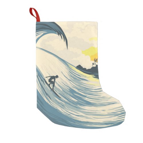 Tropical island wave and surfer at sunset small christmas stocking