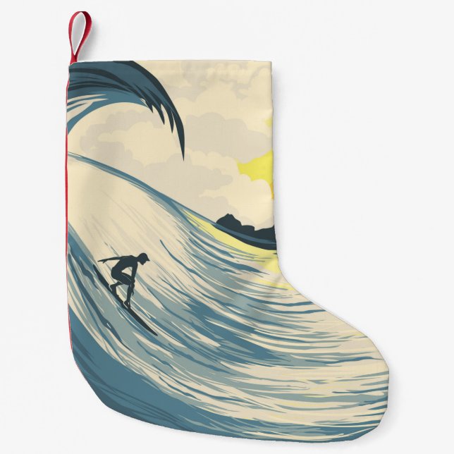 Tropical island wave and surfer at sunset small christmas stocking (Front)